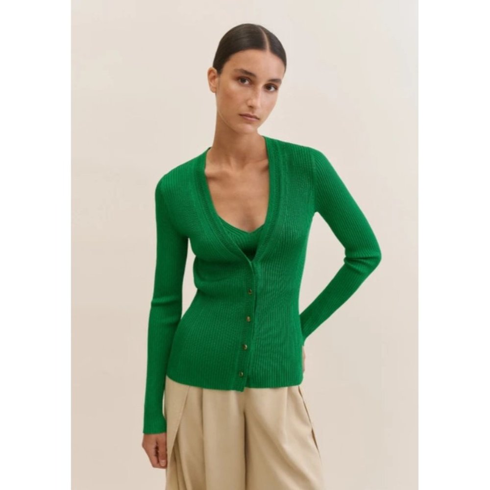 ME+EM Womens Fashioned Rib Cardigan Rayon Plated Cotton Clover Leaf Medium